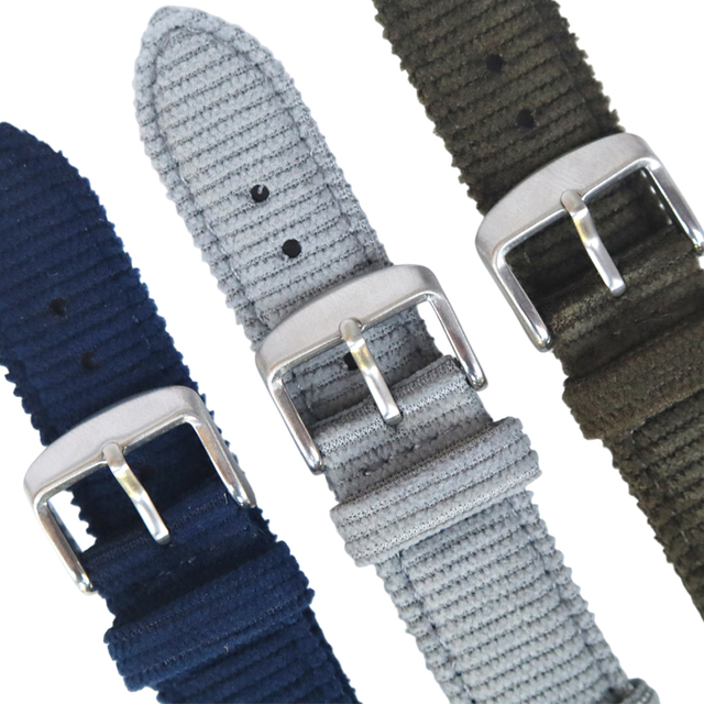 New Style 2 Pieces Corduroy Cotton+Dark Gray Waterproof Leather Hybrid Watch Strap In 20*18/22*20mm With 304L SS Brushed Buckle And Spring Bar