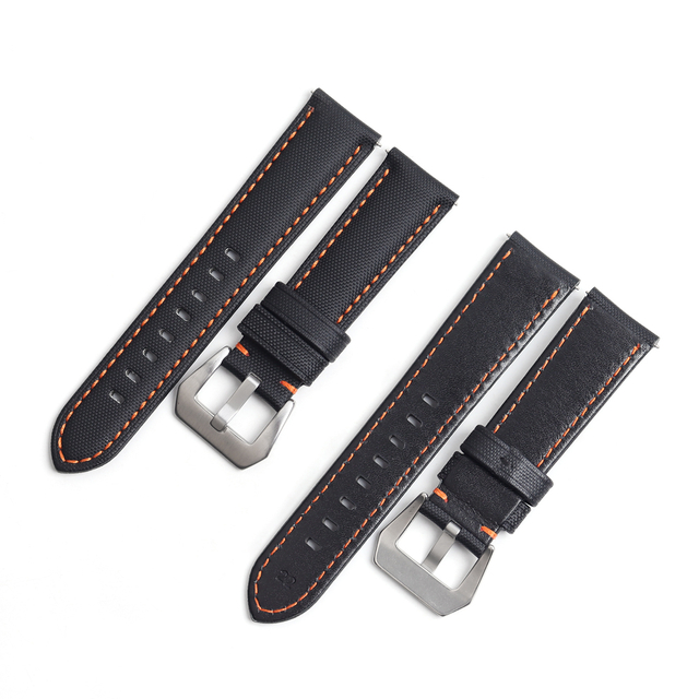 New Style Hot Sell Two Pieces Style 22mm Nylon-Carbon Fibre+Black Leather Hybrid Watch Band Wrist Strap Use Different Stitching Color With Brushed 304L SS Heavy Duty Buckle For Panerai Watches