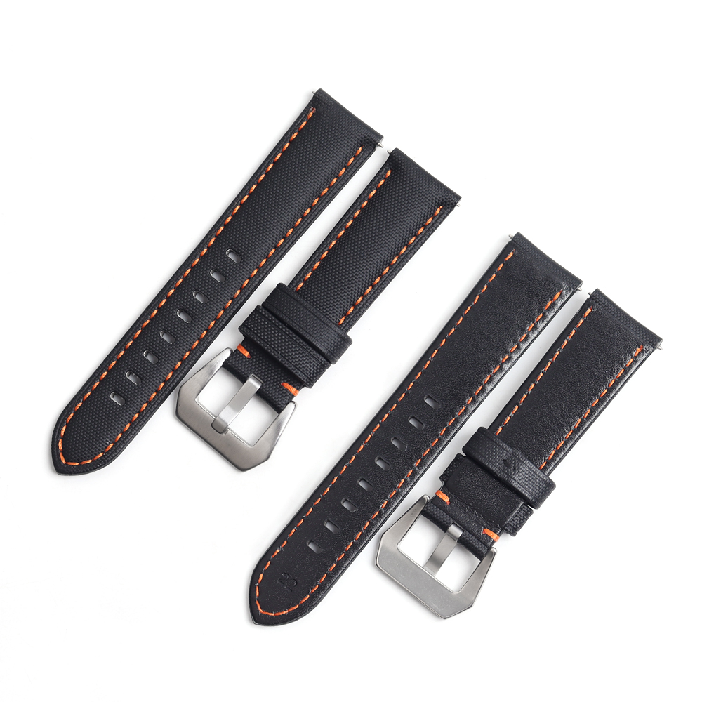 New Style Hot Sell Two Pieces Style 22mm Nylon-Carbon Fibre+Black Leather Hybrid Watch Band Wrist Strap Use Different Stitching Color With Brushed 304L SS Heavy Duty Buckle For Panerai Watches
