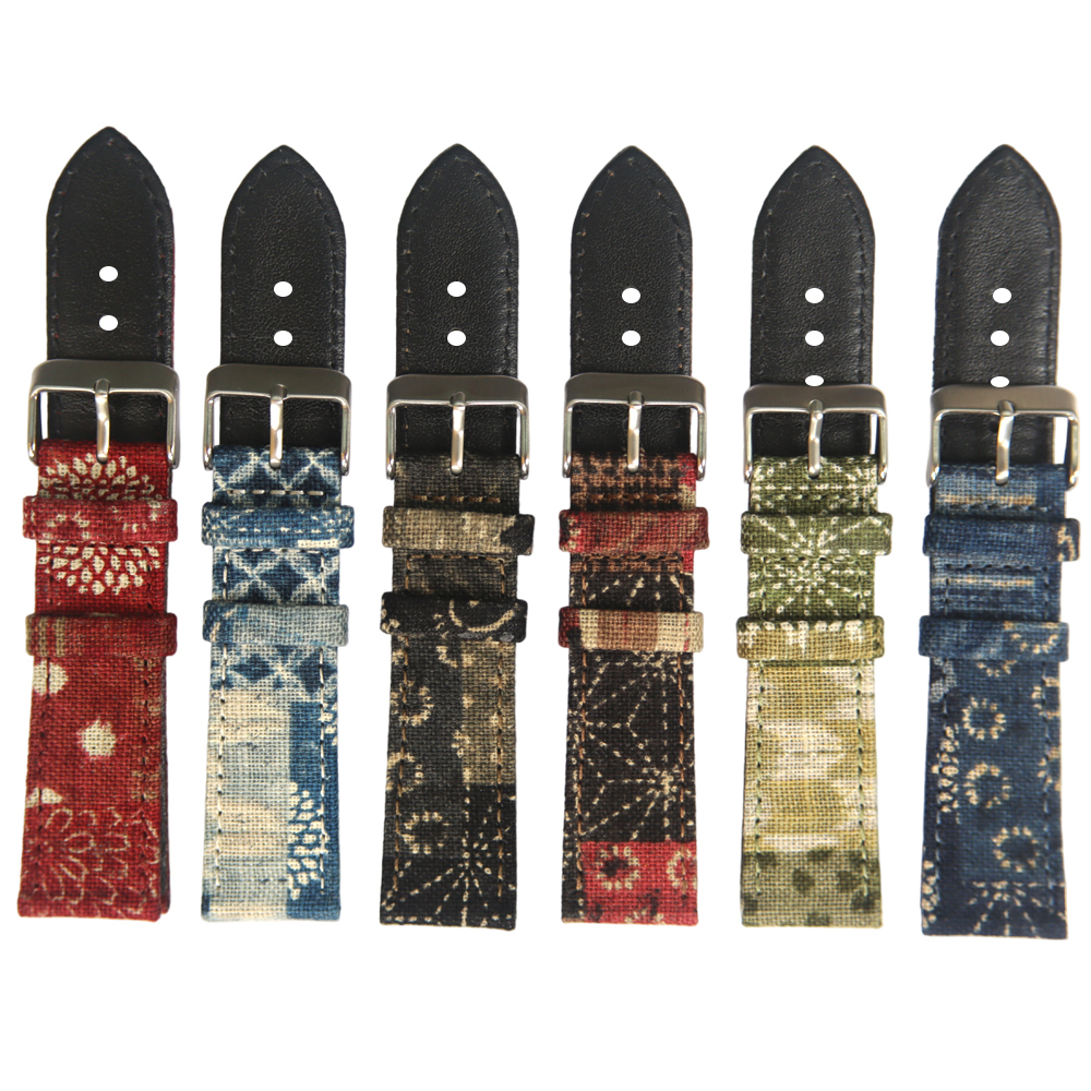 20mm 22mm Two Pieces Style Camouflage Printed Canvas+Waterproof Black Leather Hybrid Watch Strap Quick Release Watch Band With Brushed 304L SS Buckle And Canvas Keeper