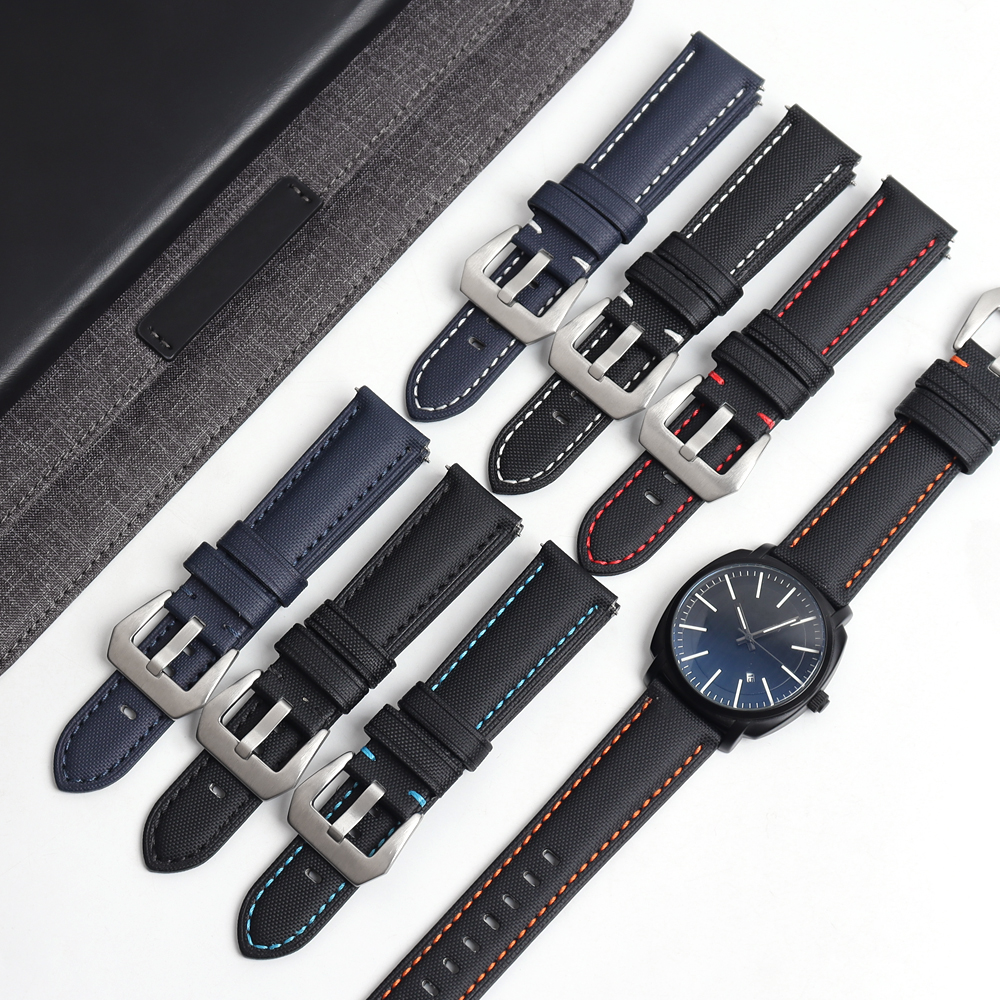 New Style Hot Sell Two Pieces Style 22mm Nylon-Carbon Fibre+Black Leather Hybrid Watch Band Wrist Strap Use Different Stitching Color With Brushed 304L SS Heavy Duty Buckle For Panerai Watches