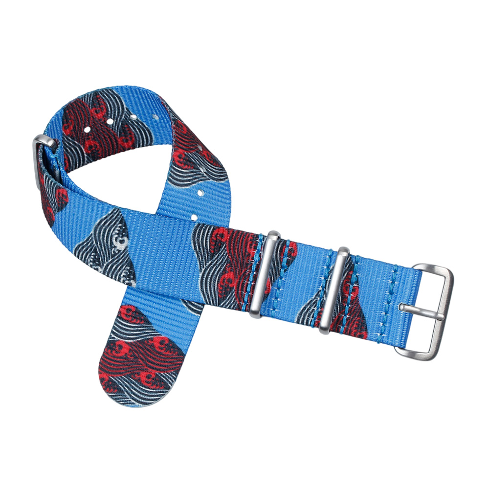 Hot Sell One Piece Style Blue Camouflage Prited Polyester Watch Strap 18mm Wrist Watch Band With Brushed 304L SS Hardware