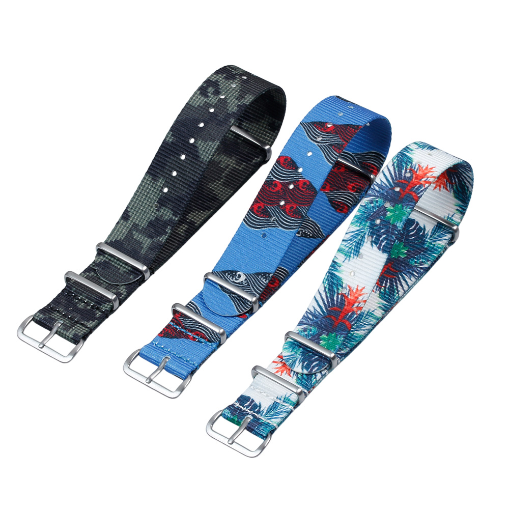 Hot Sell One Piece Style Blue Camouflage Prited Polyester Watch Strap 18mm Wrist Watch Band With Brushed 304L SS Hardware