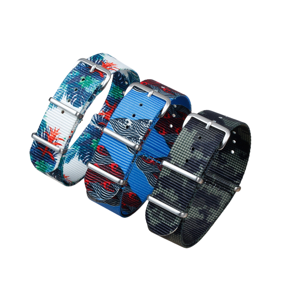 Hot Sell One Piece Style Blue Camouflage Prited Polyester Watch Strap 18mm Wrist Watch Band With Brushed 304L SS Hardware
