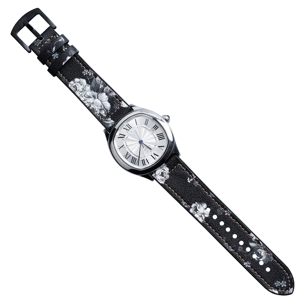 Premium Print White Flower Pattern Black Leather + Black Silicone Hybrid Watch Strap 2 Pieces Style Crafted By Direct B2B Watch Band Factory for Custom Design Production OEM And ODM Watch Accessories 