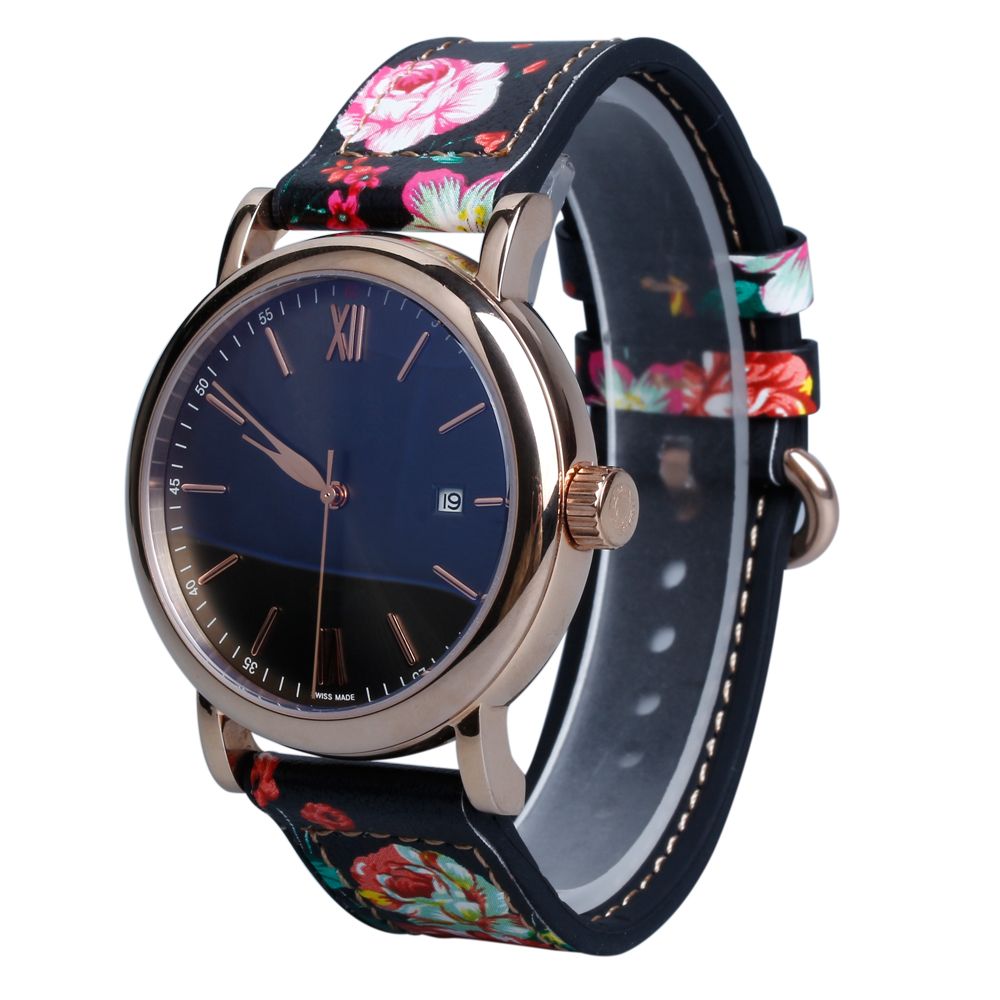 Wholesale Print Flower Pattern Black Leather + Black Silicone Hybrid Watch Strap 2 Pieces Style Developed by Leading B2B Watch Band Factory Offering Custom Design Production