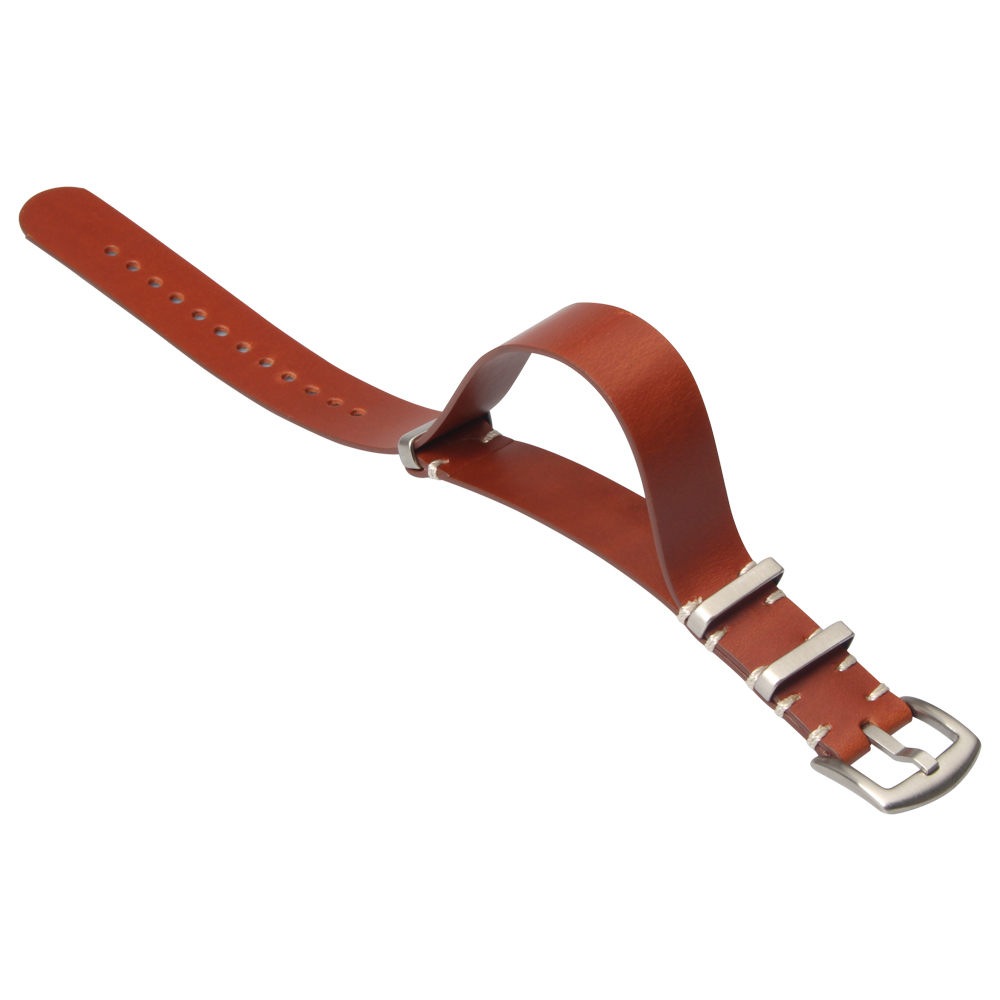 Premium One Piece White Handmade Stitching Brown Leather NATO Watch Strap With Brushed 304L Stainless Steel Buckle/Keeper For Vintage Sport Casual Watches From B2B Factory