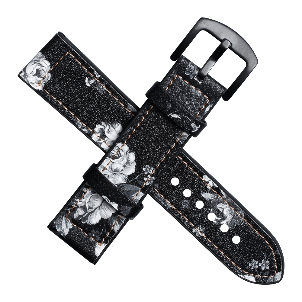 Premium Print White Flower Pattern Black Leather + Black Silicone Hybrid Watch Strap 2 Pieces Style Crafted By Direct B2B Watch Band Factory for Custom Design Production OEM And ODM Watch Accessories 