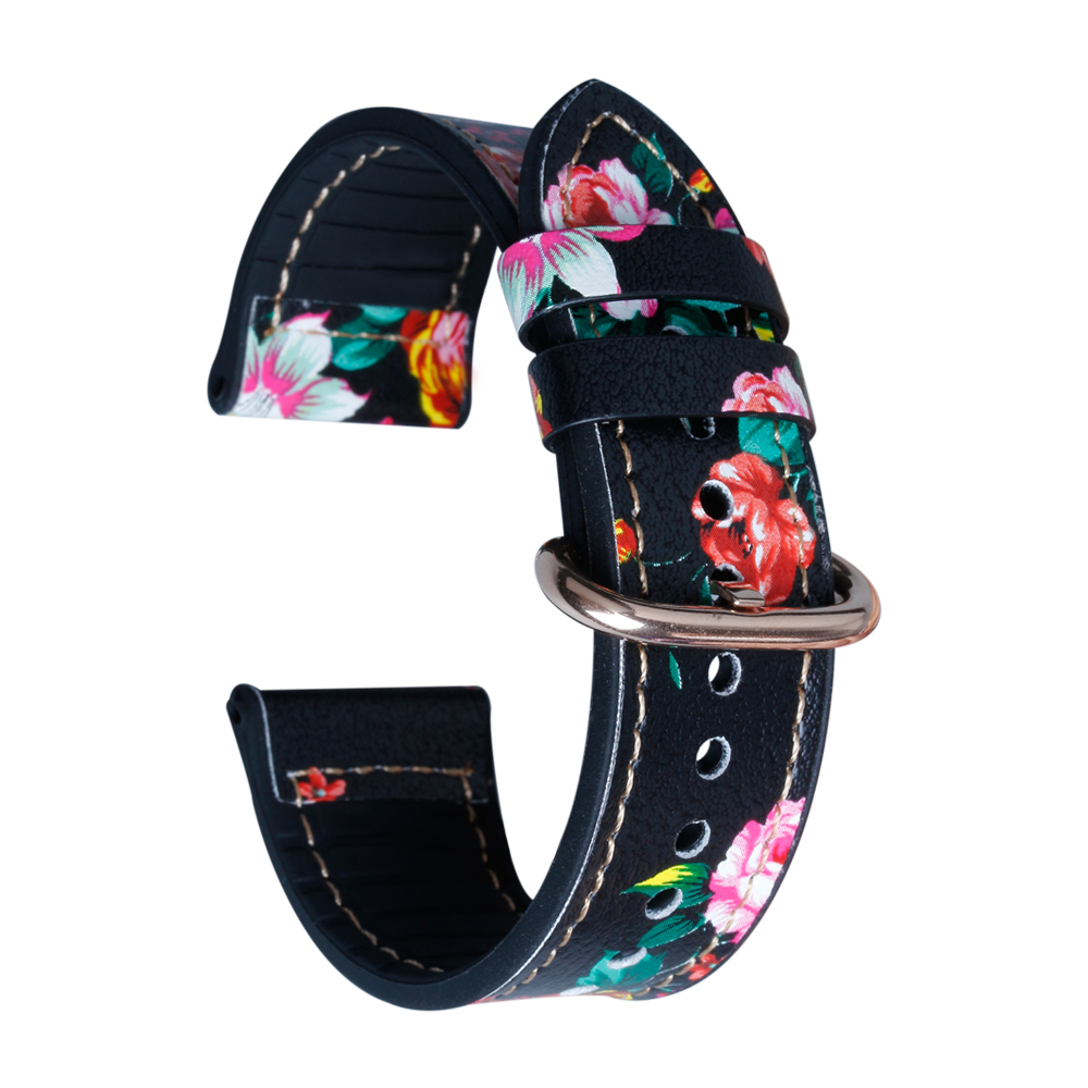 Wholesale Print Flower Pattern Black Leather + Black Silicone Hybrid Watch Strap 2 Pieces Style Developed by Leading B2B Watch Band Factory Offering Custom Design Production