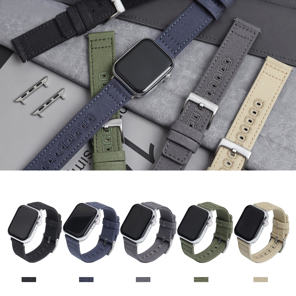 Hot-Selling Low MOQ Premium 2-Pieces Style Embroidered Tail-Hole Canvas Watch Band With 38/40/41/42/44/45mm Metal Apple Watch Connector From B2B Factory Bulk Production