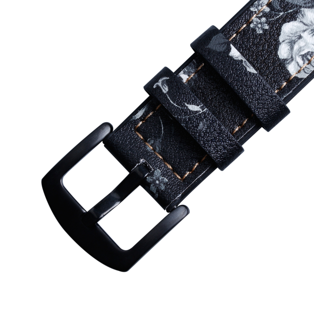 Premium Print White Flower Pattern Black Leather + Black Silicone Hybrid Watch Strap 2 Pieces Style Crafted By Direct B2B Watch Band Factory for Custom Design Production OEM And ODM Watch Accessories 