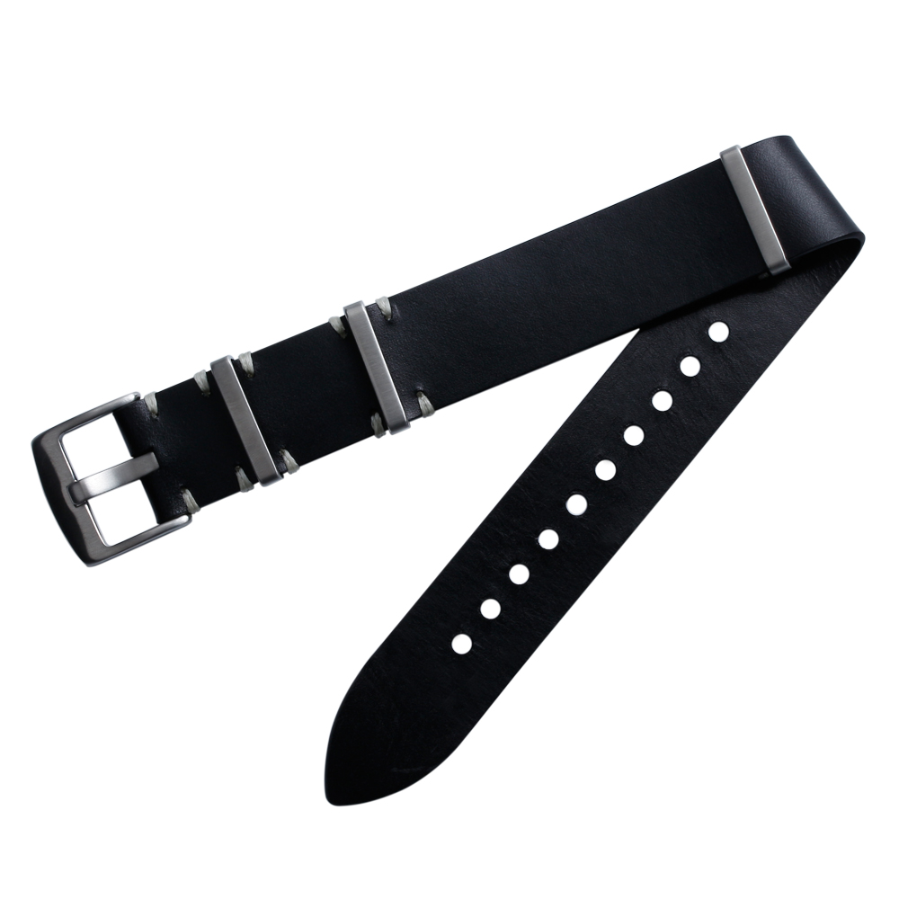Popular 24MM Black Matte Genuine Leather Watch Band 280mm Length Wrist Straps With White Handmade Stitching And Brushed 304L SS Hardware