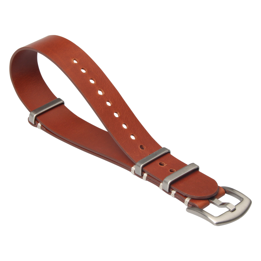 Premium One Piece White Handmade Stitching Brown Leather NATO Watch Strap With Brushed 304L Stainless Steel Buckle/Keeper For Vintage Sport Casual Watches From B2B Factory