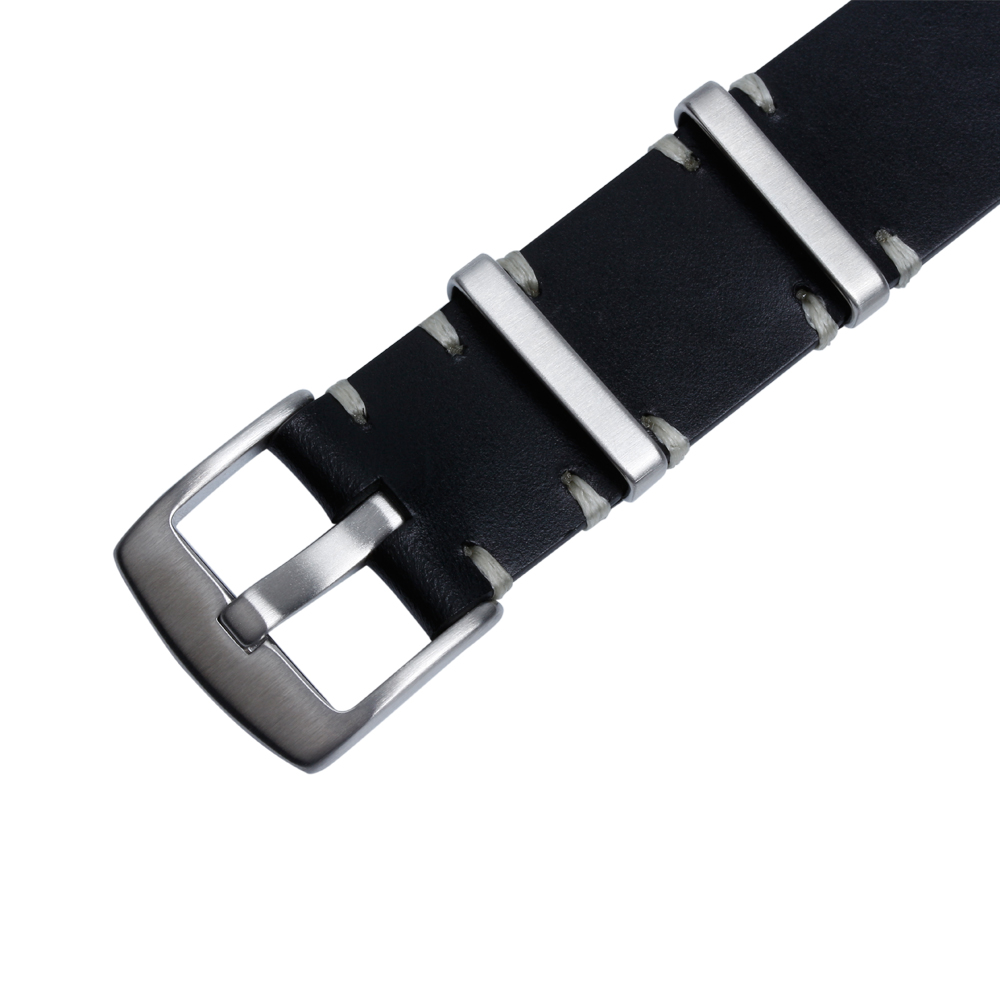 Popular 24MM Black Matte Genuine Leather Watch Band 280mm Length Wrist Straps With White Handmade Stitching And Brushed 304L SS Hardware