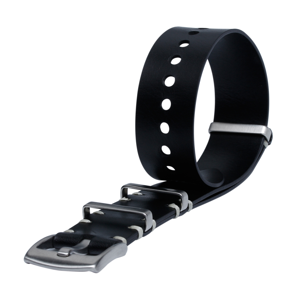 Popular 24MM Black Matte Genuine Leather Watch Band 280mm Length Wrist Straps With White Handmade Stitching And Brushed 304L SS Hardware