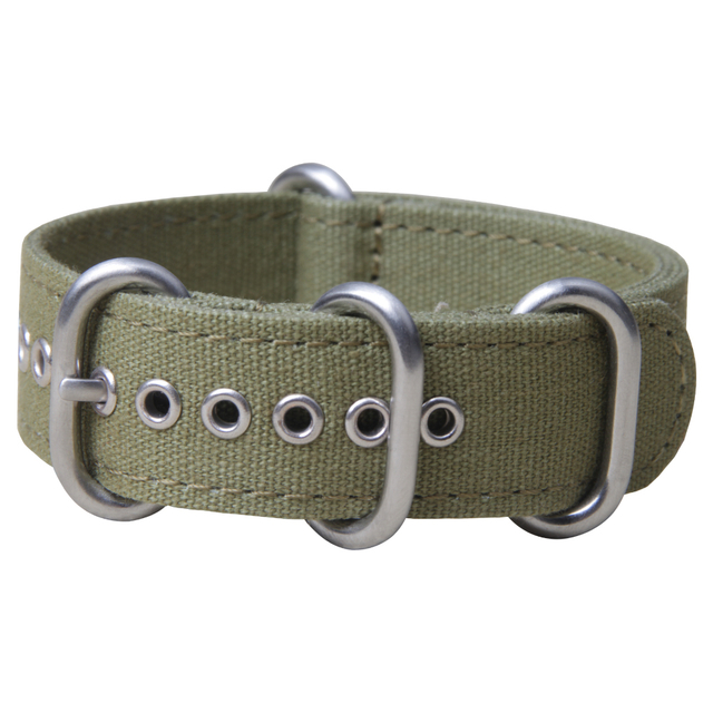 Custom One Piece Style Green Canvas Watch Straps By B2B Factory Featuring Premium Buckle/Loop Hardware And Metal Holes Material Characteristics For Brand Watches