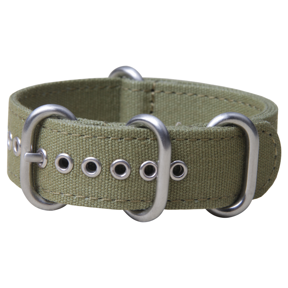 Custom One Piece Style Green Canvas Watch Straps By B2B Factory Featuring Premium Buckle/Loop Hardware And Metal Holes Material Characteristics For Brand Watches