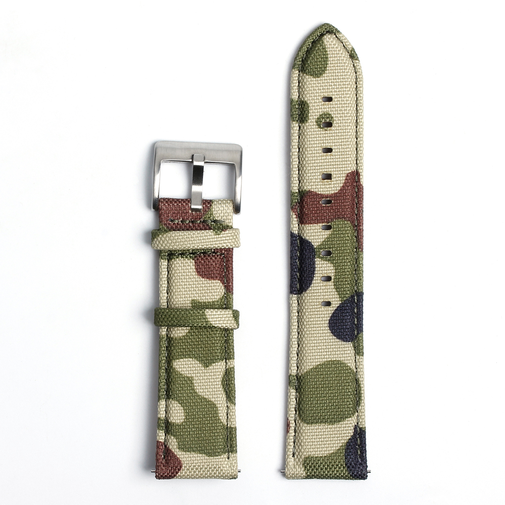 B2B Factory Supplying Low MOQ Good Quality 2 Pieces Style Camouflage Sailcloth Watch Straps With Brushed 304L SS Watch Buckles And Quick Release Spring Bar