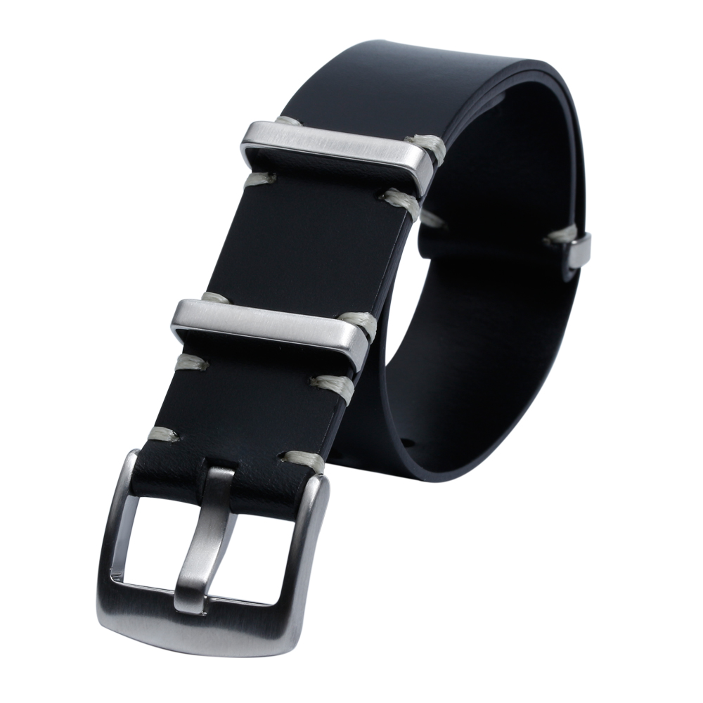 Popular 24MM Black Matte Genuine Leather Watch Band 280mm Length Wrist Straps With White Handmade Stitching And Brushed 304L SS Hardware