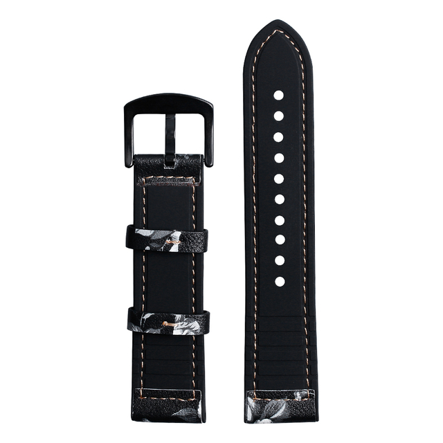 Premium Print White Flower Pattern Black Leather + Black Silicone Hybrid Watch Strap 2 Pieces Style Crafted By Direct B2B Watch Band Factory for Custom Design Production OEM And ODM Watch Accessories 