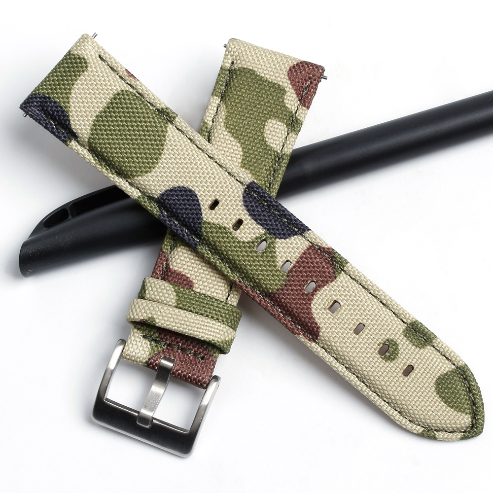 B2B Factory Supplying Low MOQ Good Quality 2 Pieces Style Camouflage Sailcloth Watch Straps With Brushed 304L SS Watch Buckles And Quick Release Spring Bar